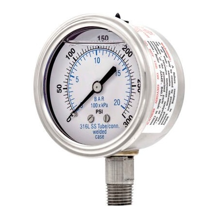 Engineered Specialty Products, Inc PIC Gauges 2.5" All Stainless Pressure Gauge, 1/4" NPT, 0/300 PSI, Glycerine Filled, LM, 301L-254H 301L-254H